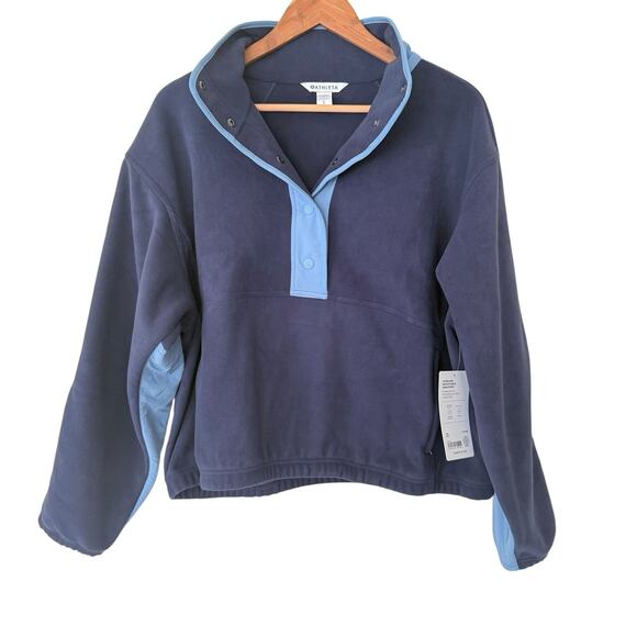 NWT Athleta Overlook Microfleece Snap Sweatshirt Pullover Navy Blue Women’s L - Picture 1 of 8